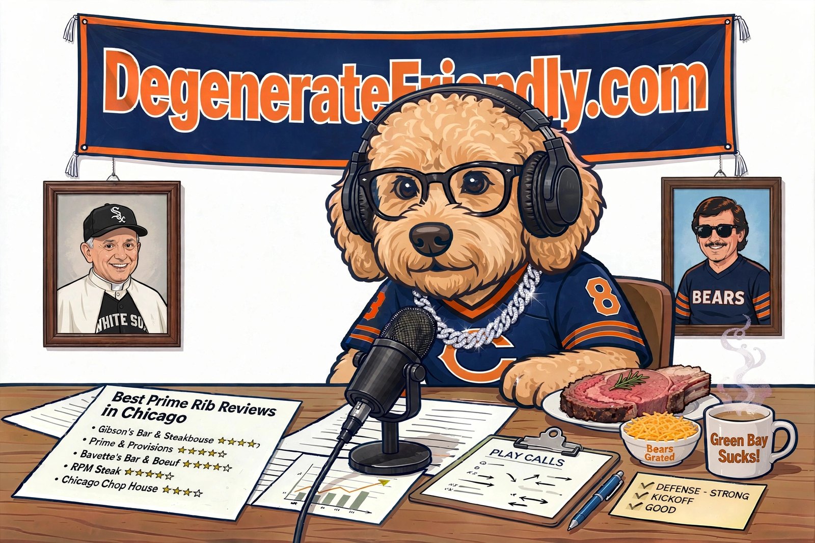 The Chairman — a distinguished Cock-A-Chon in round glasses and a green #1 jersey, ready to call his pick