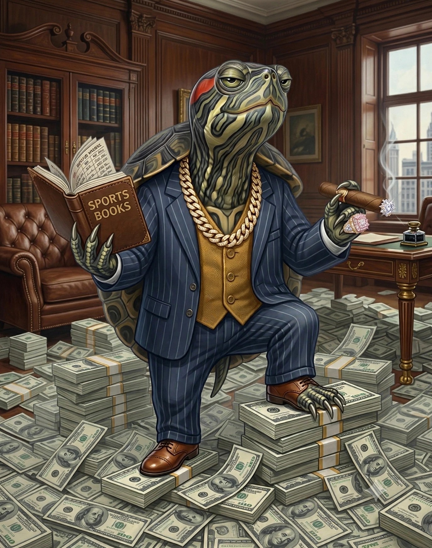 Sally the Turtle — an Italian-American wiseguy turtle in a pinstripe suit atop stacks of cash, smoking a cigar with his sports ledger