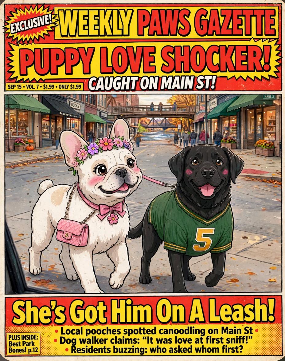 Weekly Paws Gazette front page: Puppy Love Shocker — She's Got Him On A Leash!